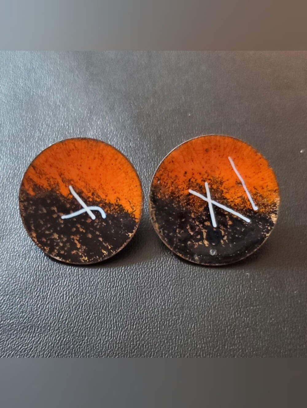 Vintage Mid Century Enamel on Copper Clip On Earrings Abstract Modernist Dish